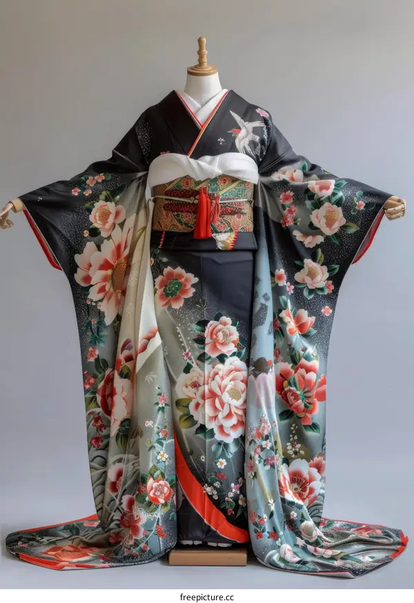 A woman wearing a black kimono with red and white floral patterns.