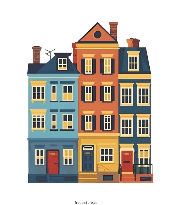Colorful Row of Townhouses Illustration