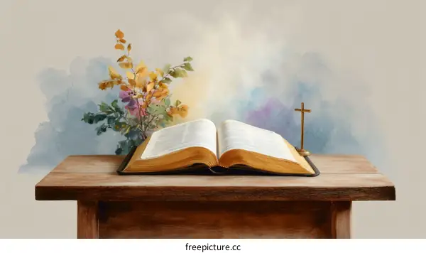 Open Bible on Wooden Table with Floral Watercolor Background