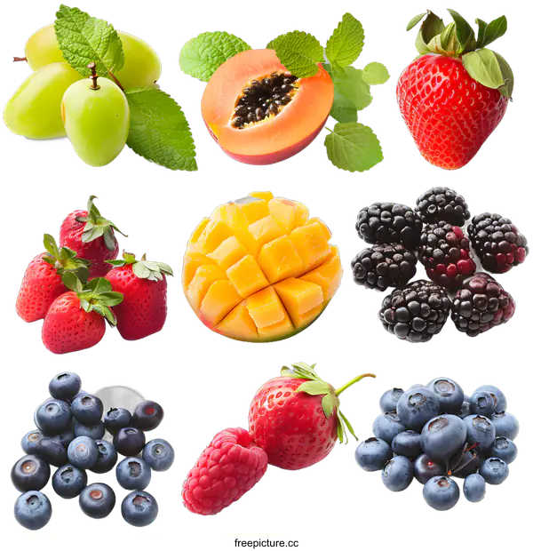 [Transparent Background PNG]Fresh Fruits and Berries Collection Isolated on White Background