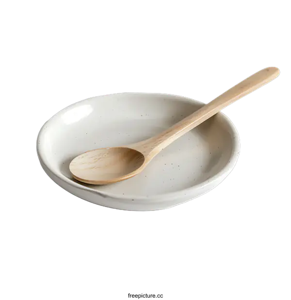 [Transparent Background PNG]Elegant Wooden Spoon on a Stylish Cream Ceramic Plate