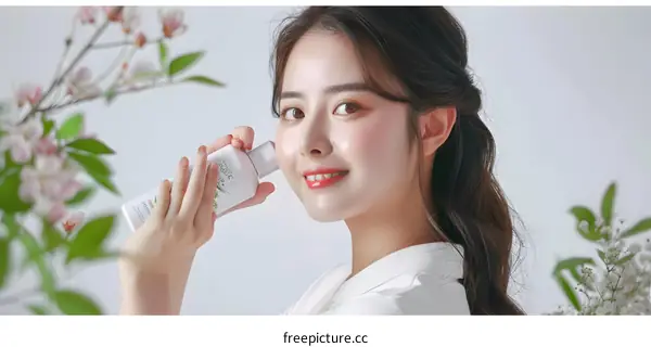 Asian Woman Holding a Bottle of Skin Care Product in Front of White Background