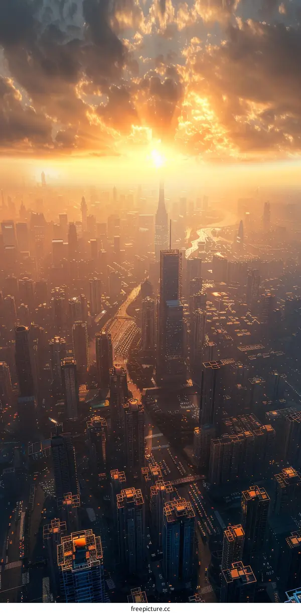 Metropolis Skyline with Soaring Skyscrapers and Golden Sunset Light