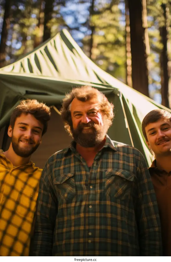 Three people camping in the woods