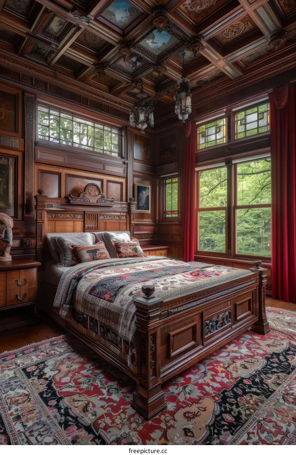 Antique Wooden Bedroom with Luxurious Rug