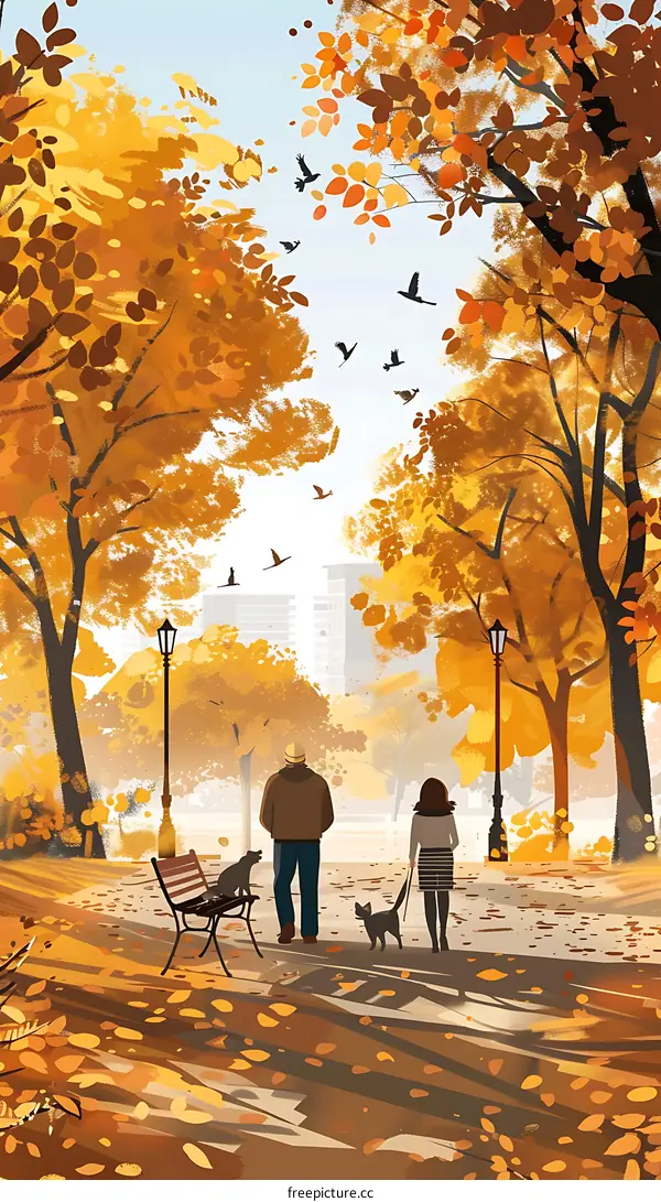 Autumn Walk in the Park with Two People and Two Cats