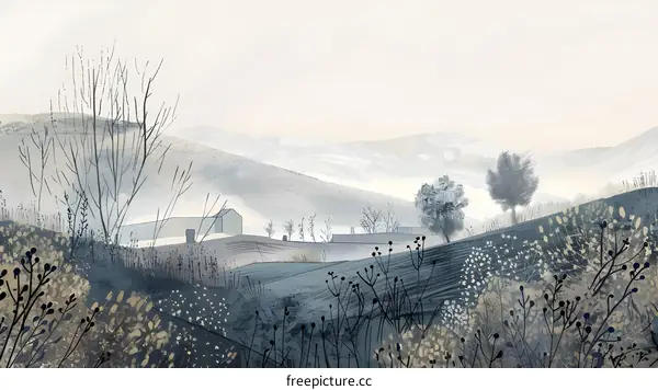 Blue Watercolor Landscape With Hills And Trees