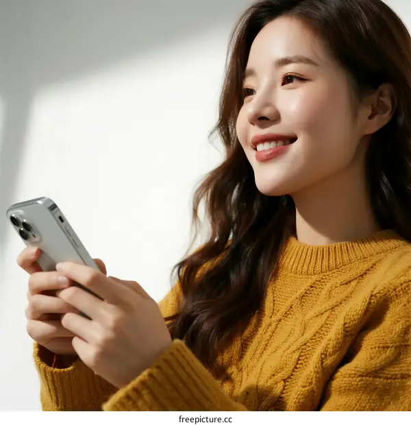 Young woman wearing yellow sweater using modern smartphone