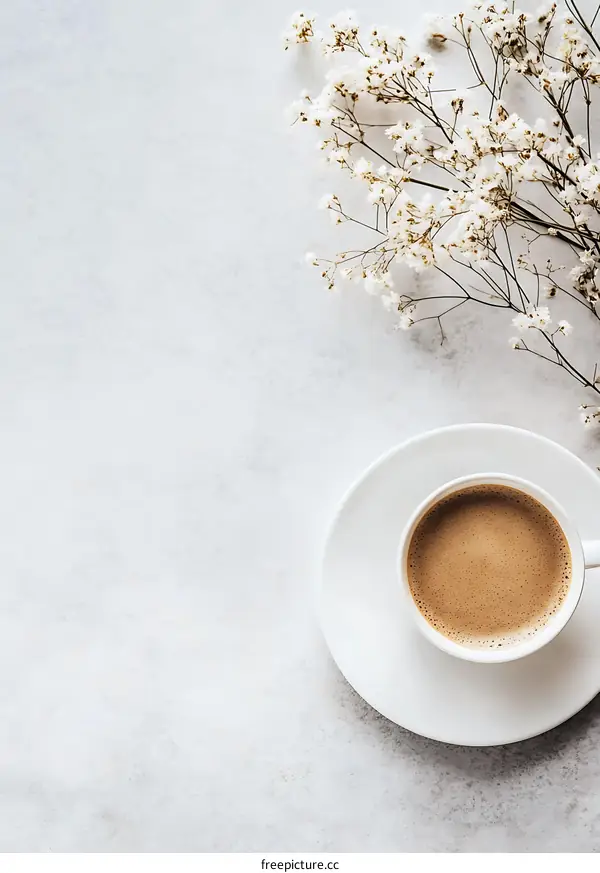 White Cup of Coffee and Flowers on a Grey Background
