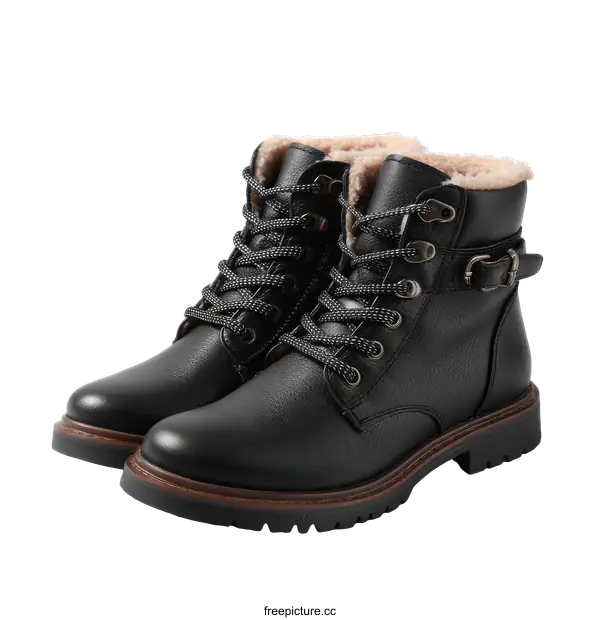 [Transparent Background PNG]Pair of Stylish Black Leather Winter Boots