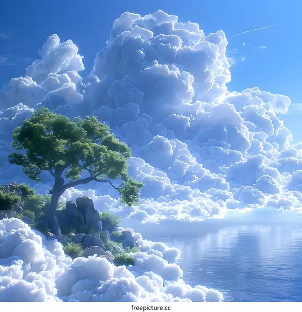 Lonely Tree on Floating Island in Surreal Sky Ocean