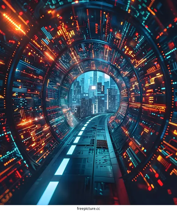 Futuristic city tunnel with glowing lights