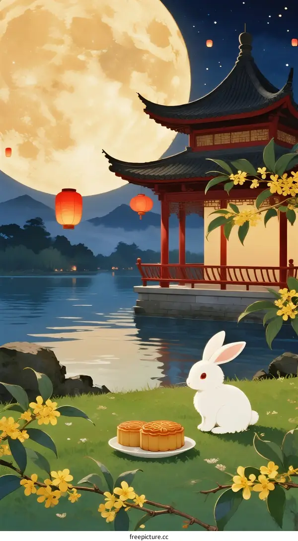 Mid-Autumn Festival Scene with Full Moon and Rabbit