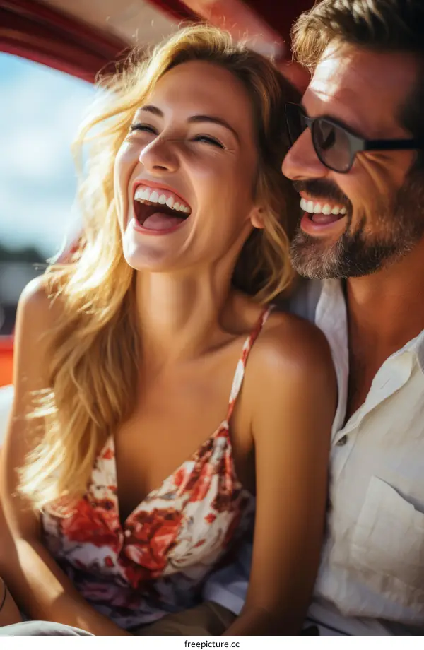 Laughing couple sitting in the car