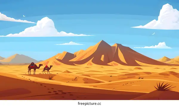 Two Camels Walking Through The Desert With A Blue Sky And White Clouds