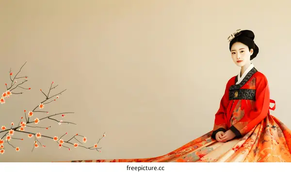 Portrait of a young woman in traditional Korean dress, or Hanbok