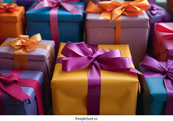 A variety of wrapped presents with ribbons and bows