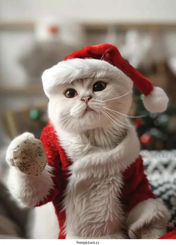 A white cat wearing a red Santa hat is sitting in front of a Christmas tree.