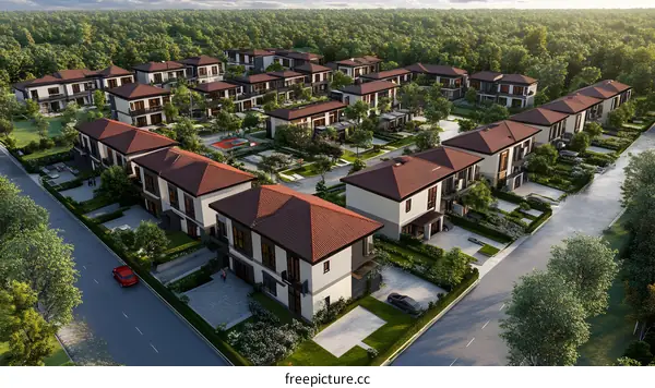 Aerial View of Modern Suburban Homes in a Green Community
