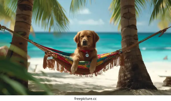 A Golden Retriever Dog Lying On A Hammock Under Palm Trees At The Beach