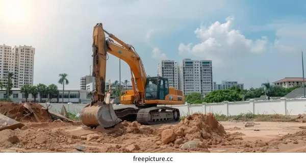 Excavator Working on a Construction Site with a Residential Building in the Background