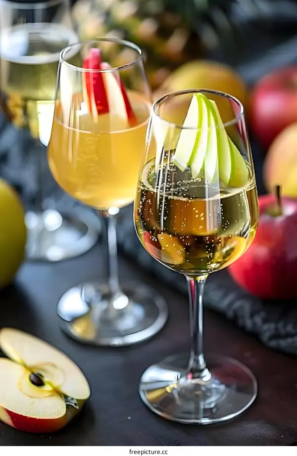Sparkling Apple Cider with Apple Garnish in Wine Glass