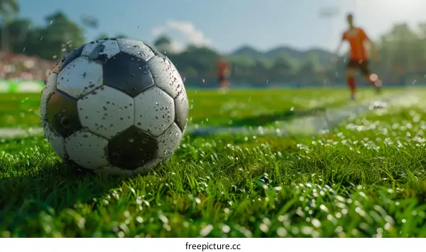Close up of a soccer ball on wet grass with blurred soccer players in the background