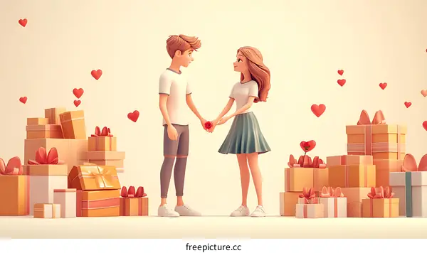 Cartoon Couple with Many Gifts