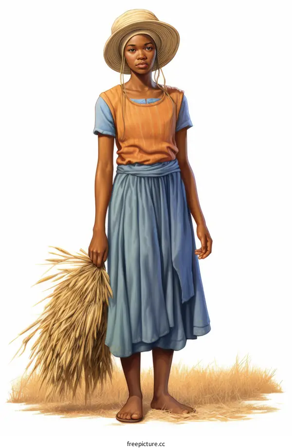 An illustration of a young African woman holding a bundle of wheat