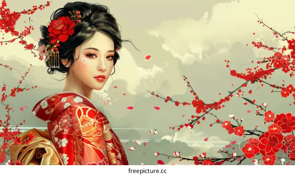 A beautiful Japanese woman in a red kimono standing in a field of cherry blossoms.