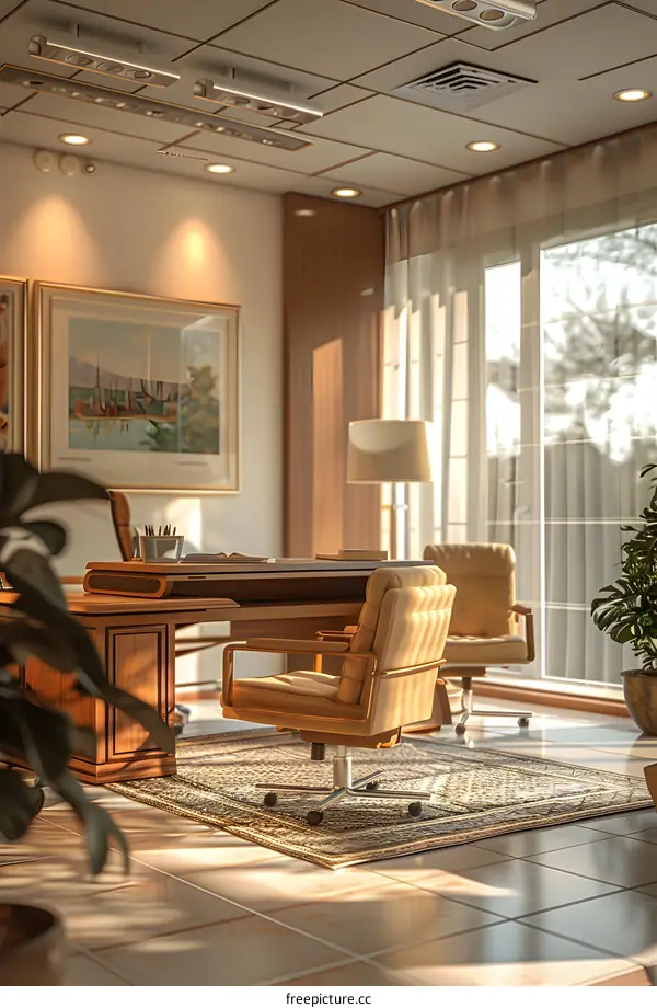 Office interior with brown leather chairs and plants