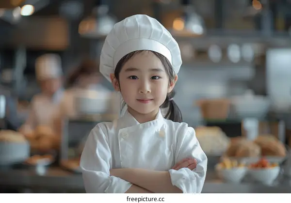 Little girl in chef uniform standing in commercial kitchen
