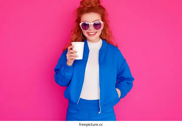 Trendy Woman with Coffee Cup in Trendy Outfit