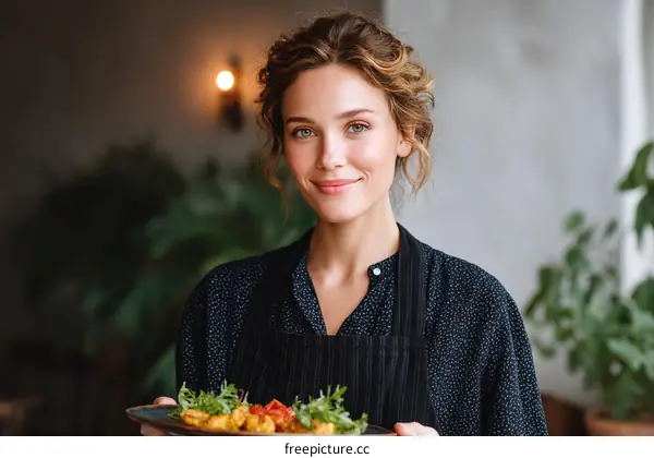 Woman Holding Plate of Food in a Restaurant