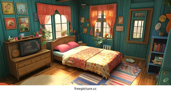 Vintage Bedroom Interior Design with Teal Walls and Floral Pictures