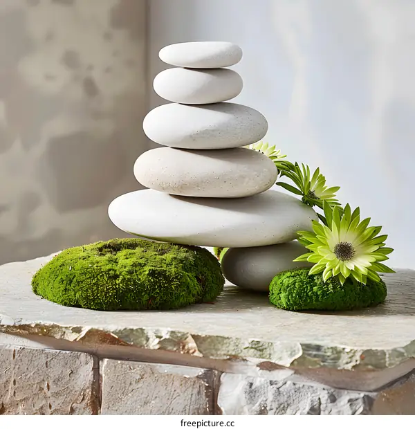 Stack of Stones with Moss and Flowers on a Stone Base