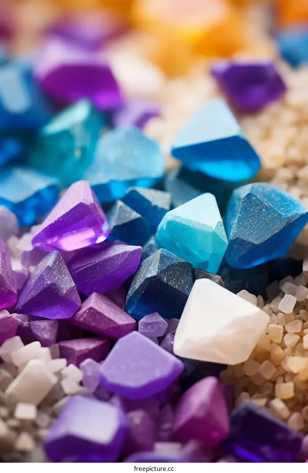 Colorful 3D rendered crystals on white sand