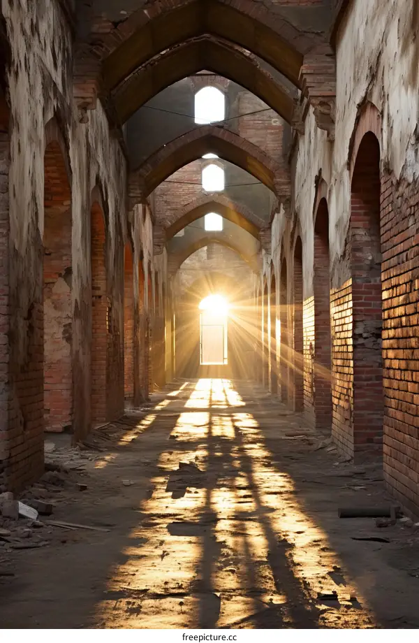 Ruins of an old factory building with sunlight shining through the arched windows