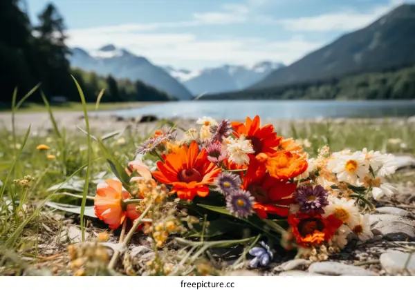 Close-up of a bouquet of colorful flowers on the shore of a lake with mountains in the distance