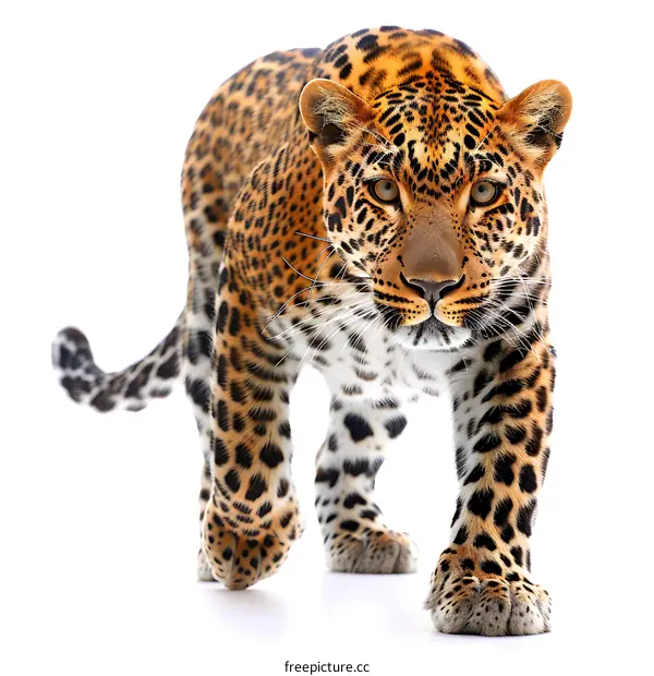 Leopard walking on white background