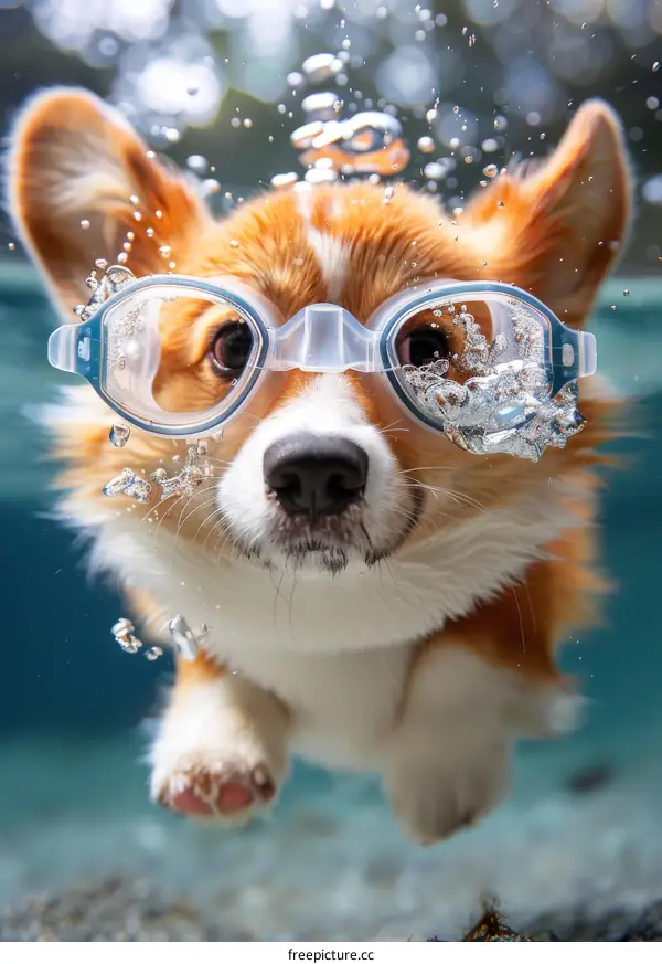 A cute corgi dog wearing swimming goggles swims underwater