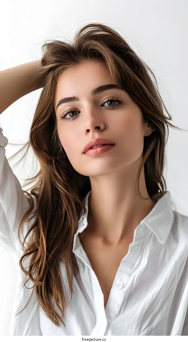 Portrait of a Young Woman with Brown Hair Wearing a White Shirt