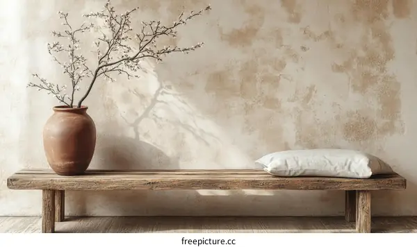 Rustic Wooden Bench with Vase and Soft Light