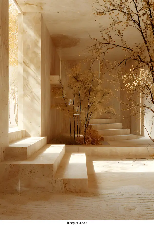 Bright sunlit interior space with trees