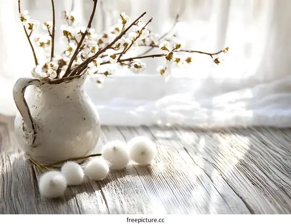 White Flowers in a Vintage Pitcher on a Wooden Table