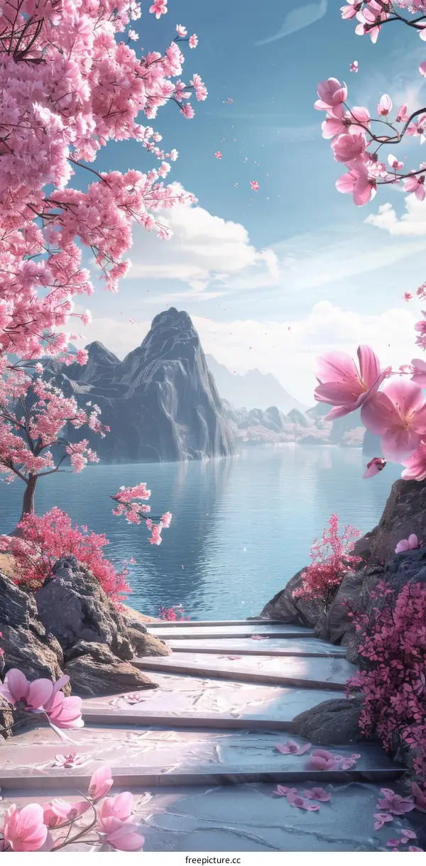 Beautiful Spring Lake Landscape with Cherry Blossoms