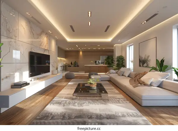 Modern Minimalist Living Room Design with Marble Tiles and Wooden Floor