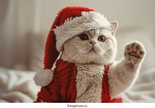 A cute cat wearing a Santa hat is sitting on a bed and looking at the camera.
