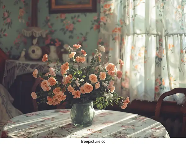 A beautiful bouquet of pink and white flowers sits on a table in front of a window.