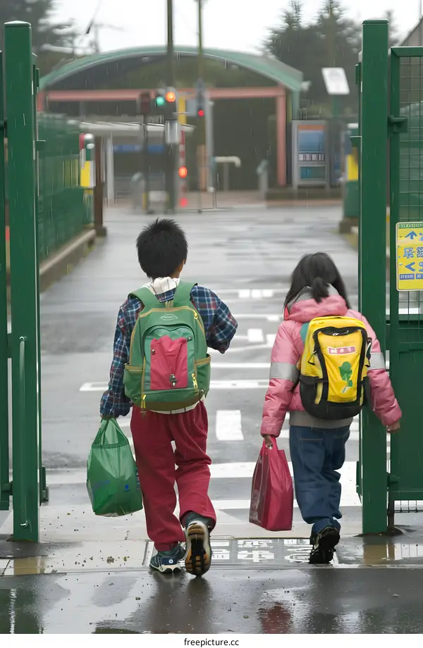 Two Children Walking Through School Gate in Rain